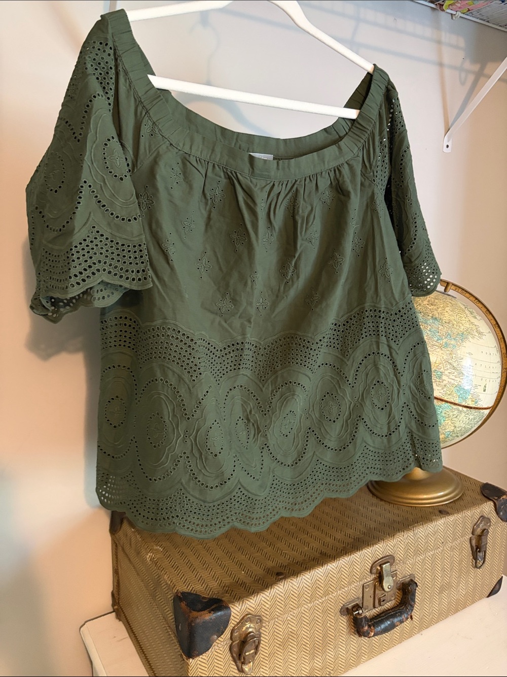 Olive Green Eyelet Off-Shoulder Women's Blouse